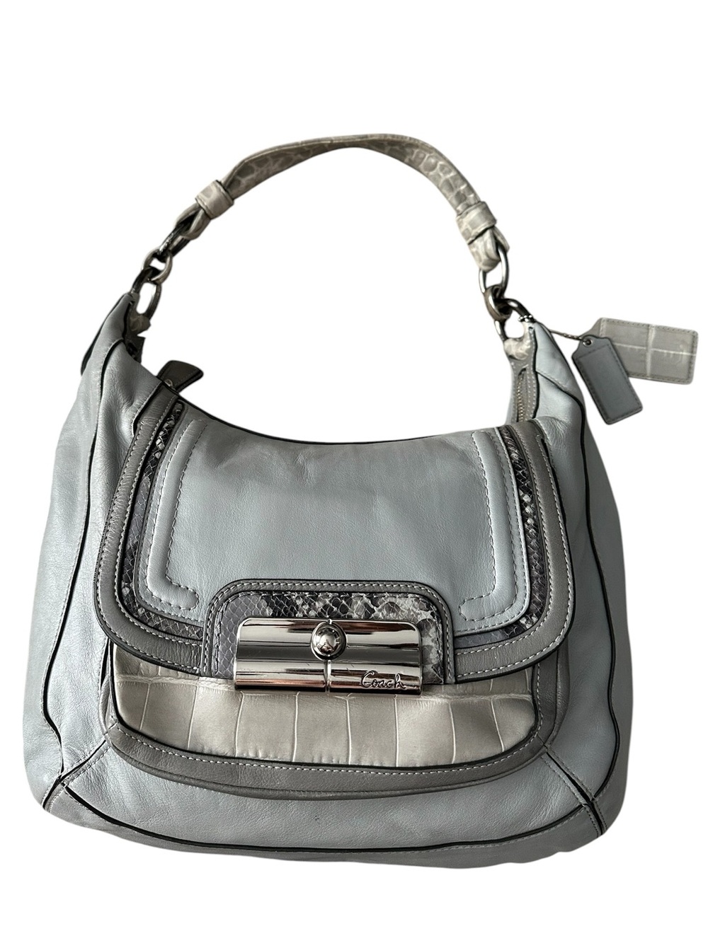 Coach Kristin Grey Leather Embossed Snake Croc Hobo Shoulder Bag Dual Hangtags